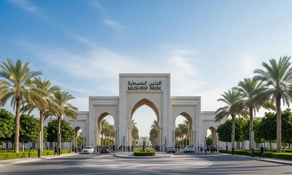 The grand main entrance gate of Mushrif Park Dubai with palm trees and blue sky