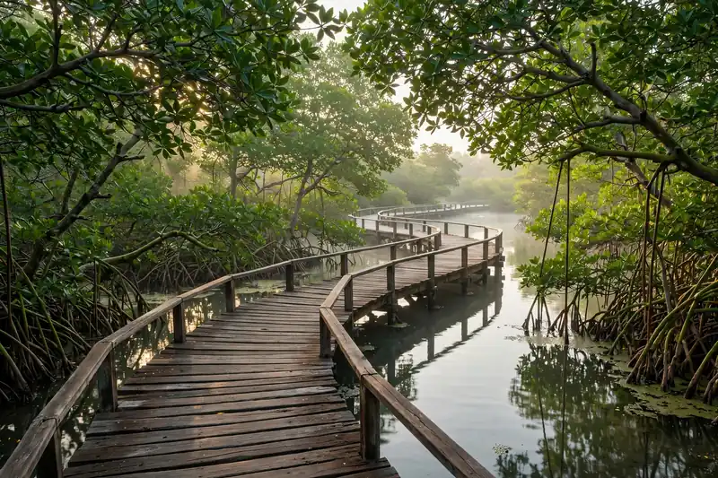Boardwalk through mangroves at Jubail Mangrove Park Abu Dhabi