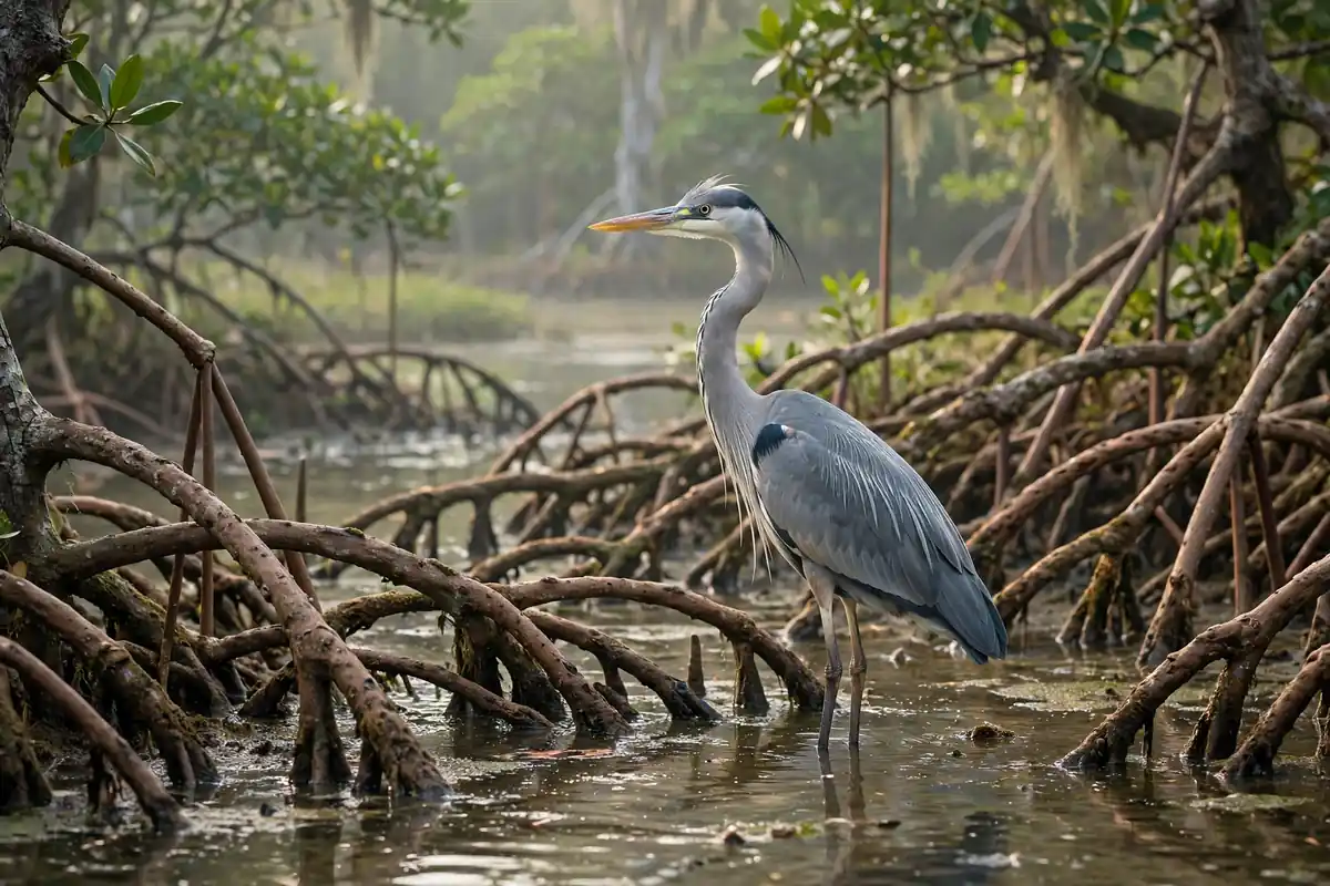 Heron in shallow water at Jubail Mangrove Park